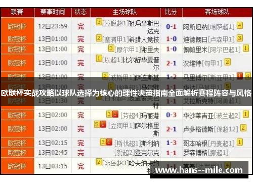 欧联杯实战攻略以球队选择为核心的理性决策指南全面解析赛程阵容与风格